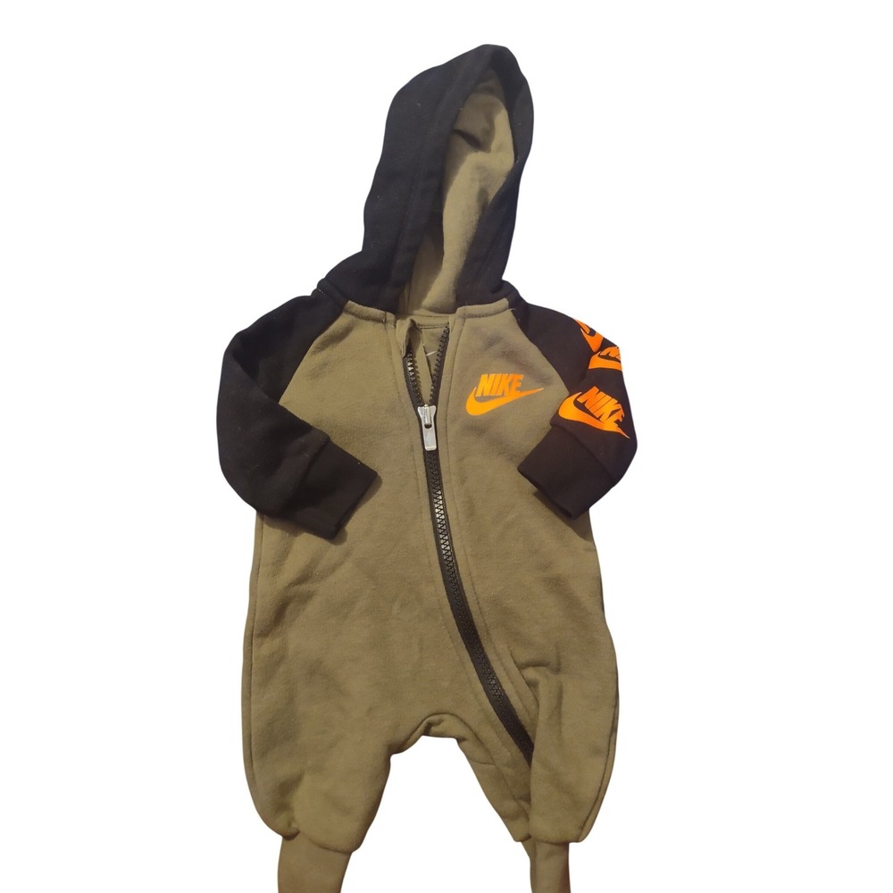 Nike Newborn Hooded Fleece Romper Olive Green Black Orange Logo Zipper One-Piece
